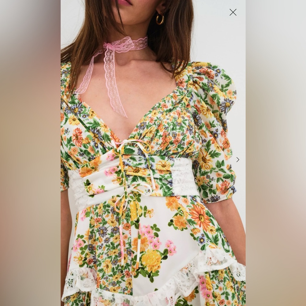 For Love & Lemons Floral Lace-Trim Mini Dress in White, Yellow, Pink, Green - Picture 3 of 6